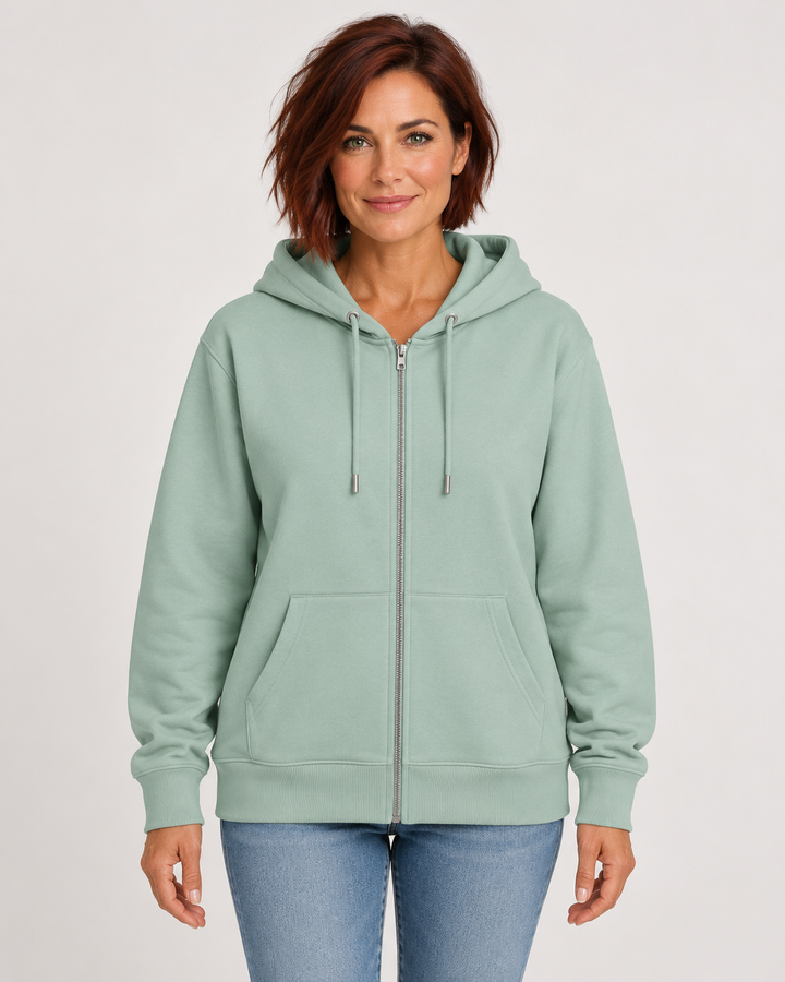 Sitztgut Unisex-Sweatjacke aus Baumwolle mit Kapuze – Aloe – Vorderansicht