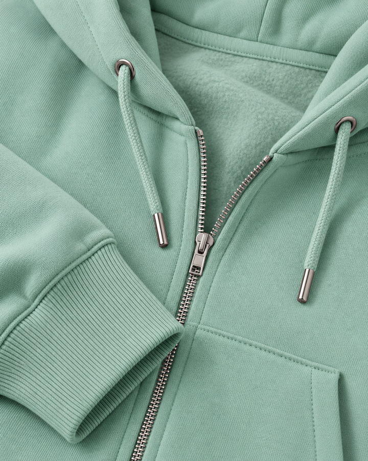 Sitztgut Unisex-Sweatjacke aus Baumwolle mit Kapuze – Aloe – Materialdetail