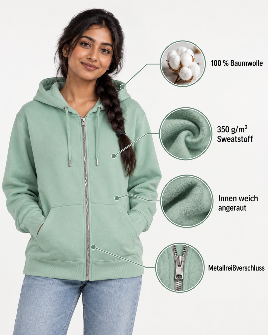 Sitztgut Unisex-Sweatjacke aus Baumwolle mit Kapuze – Aloe – Produktdetails