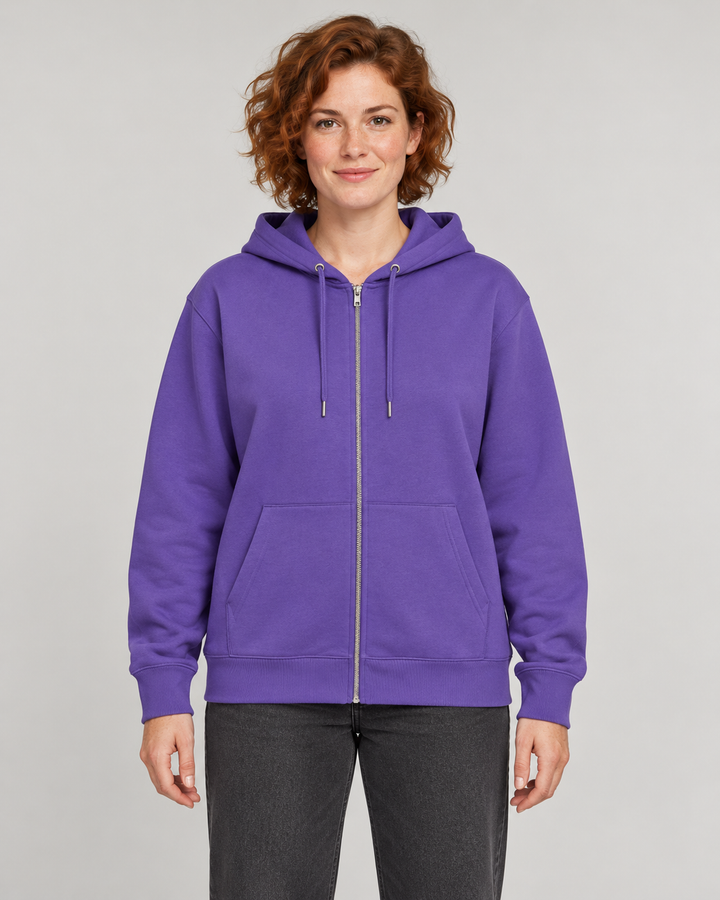 Sitztgut Unisex-Sweatjacke aus Baumwolle mit Kapuze – Purple Love – Vorderansicht