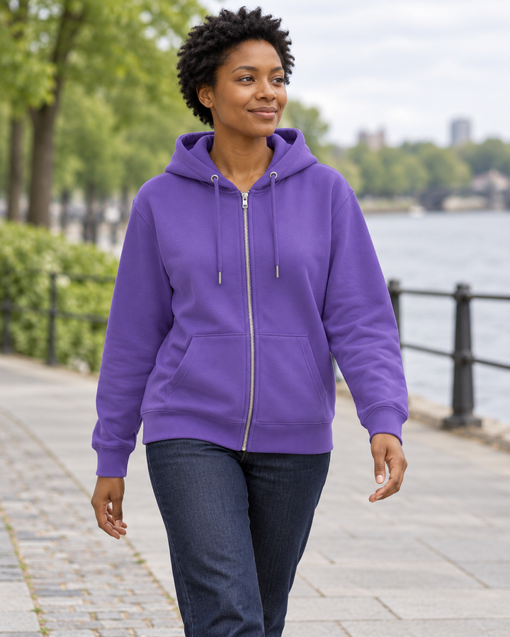Sitztgut Unisex-Sweatjacke aus Baumwolle mit Kapuze – Purple Love – Alltagsansicht