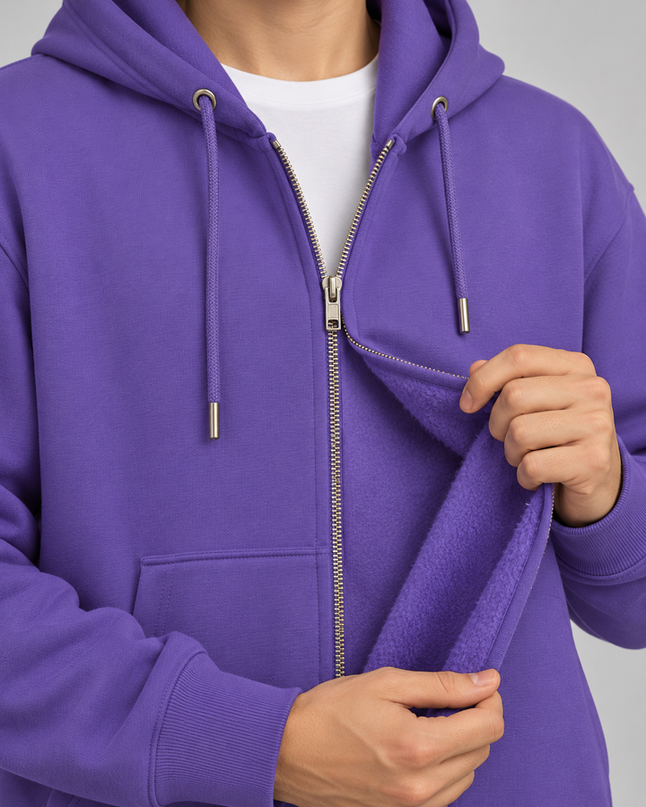 Sitztgut Unisex-Sweatjacke aus Baumwolle mit Kapuze – Purple Love – Materialdetail