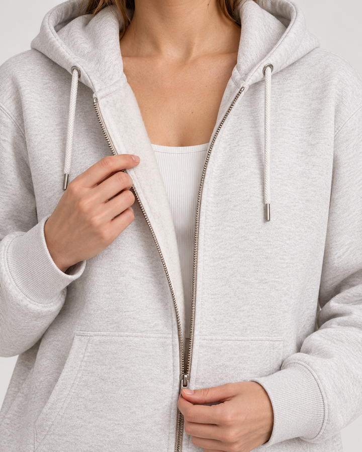 Sitztgut Unisex-Sweatjacke aus Baumwolle mit Kapuze – Hellgrau meliert (Cool Heather Grey) – Materialdetail