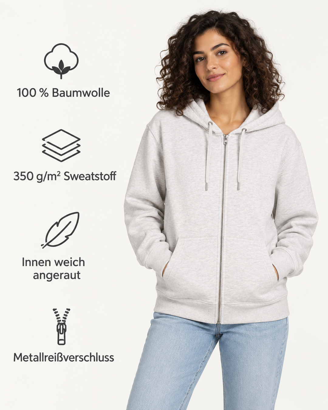 Sitztgut Unisex-Sweatjacke aus Baumwolle mit Kapuze – Hellgrau meliert (Cool Heather Grey) – Produktdetails