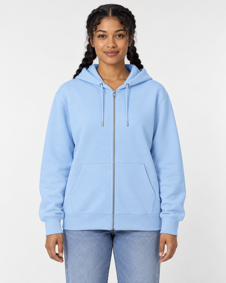 Sitztgut Unisex-Sweatjacke aus Baumwolle mit Kapuze – Blue soul – Vorderansicht
