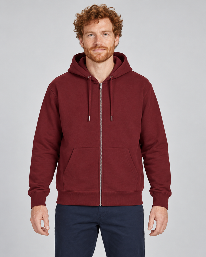 Sitztgut Unisex-Sweatjacke aus Baumwolle mit Kapuze – Burgundy – Vorderansicht