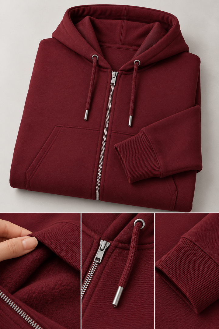 Sitztgut Unisex-Sweatjacke aus Baumwolle mit Kapuze – Burgundy – Materialdetail