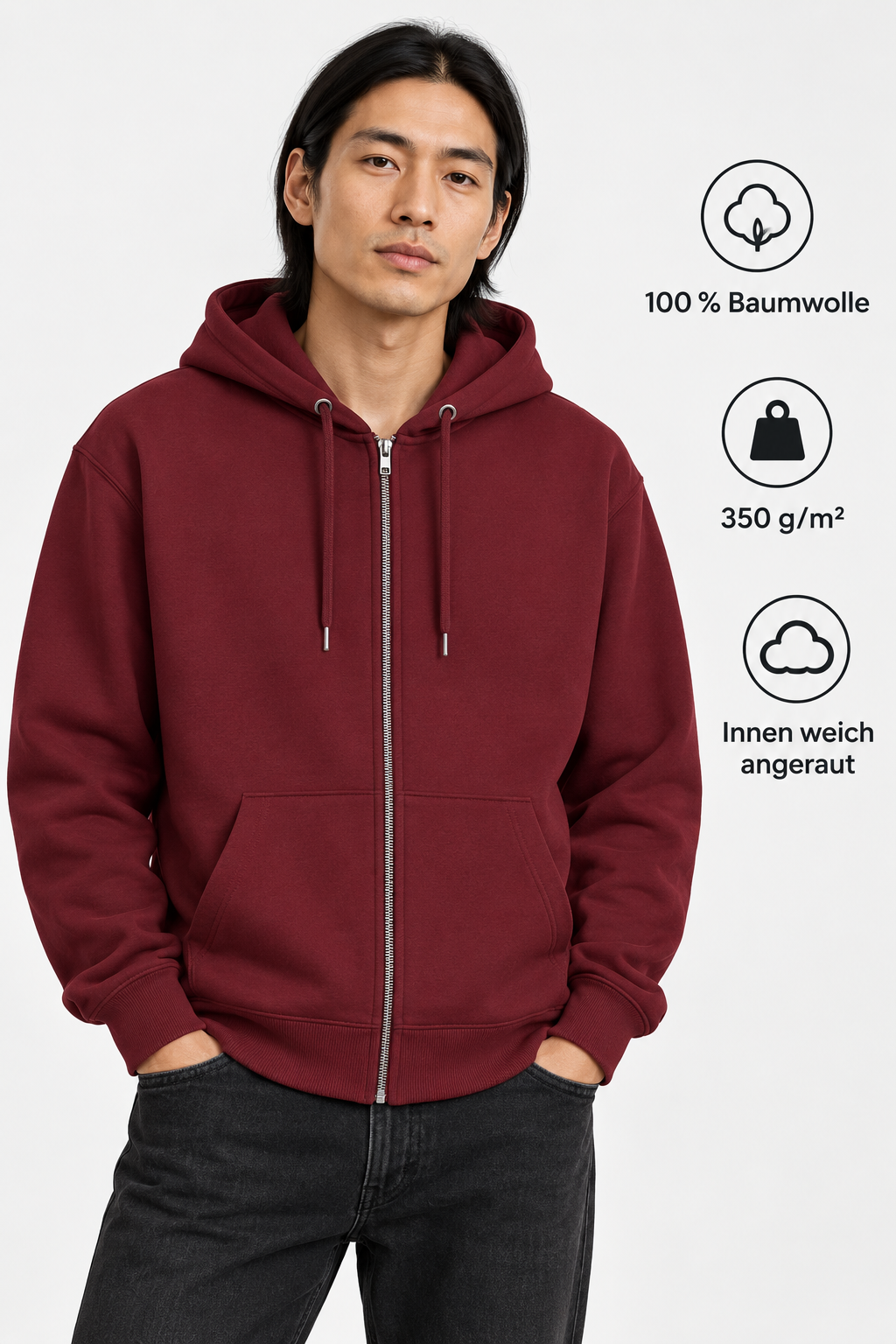 Sitztgut Unisex-Sweatjacke aus Baumwolle mit Kapuze – Burgundy – Produktdetails