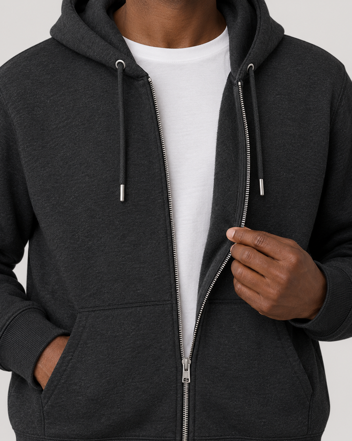 Sitztgut Unisex-Sweatjacke aus Baumwolle mit Kapuze – Dark Heather Grey – Materialdetail