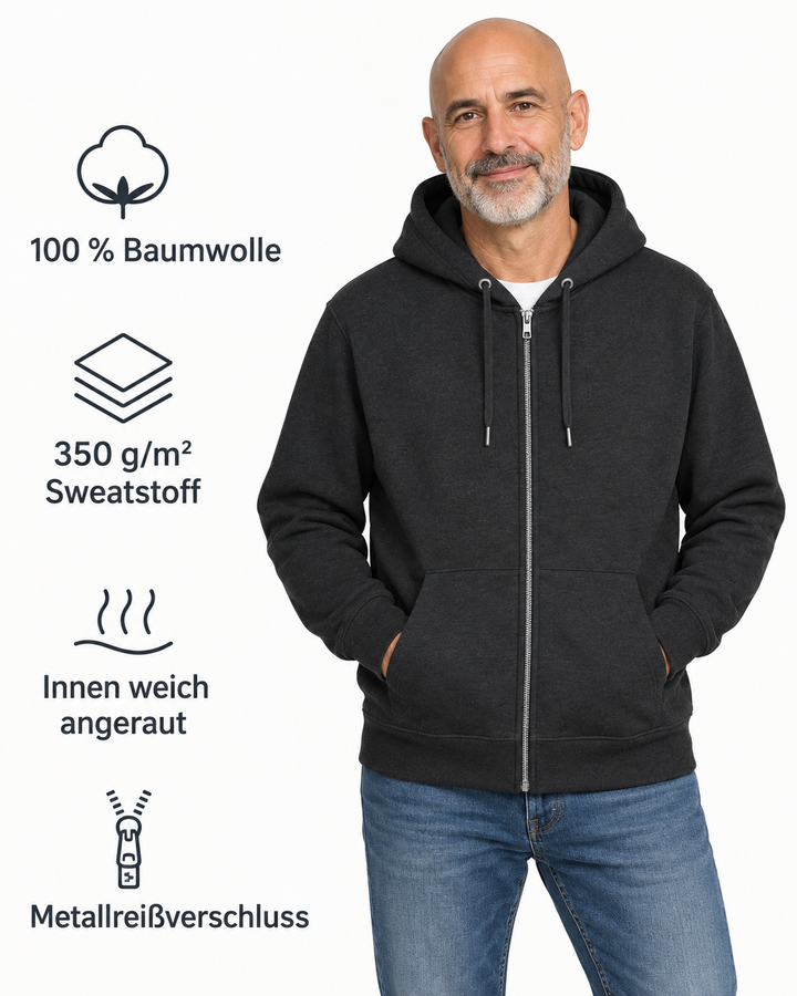 Sitztgut Unisex-Sweatjacke aus Baumwolle mit Kapuze – Dark Heather Grey – Produktdetails
