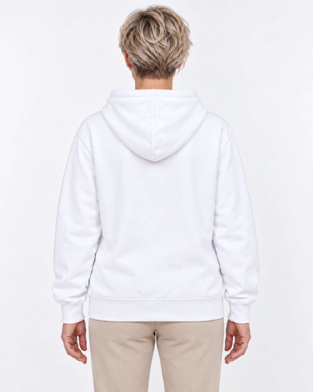 Sitztgut Damen-Sweatjacke aus Baumwolle mit Kapuze – Weiß – Rückenansicht mit weiblichem Model