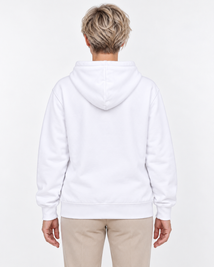 Sitztgut Damen-Sweatjacke aus Baumwolle mit Kapuze – Weiß – Rückenansicht mit weiblichem Model
