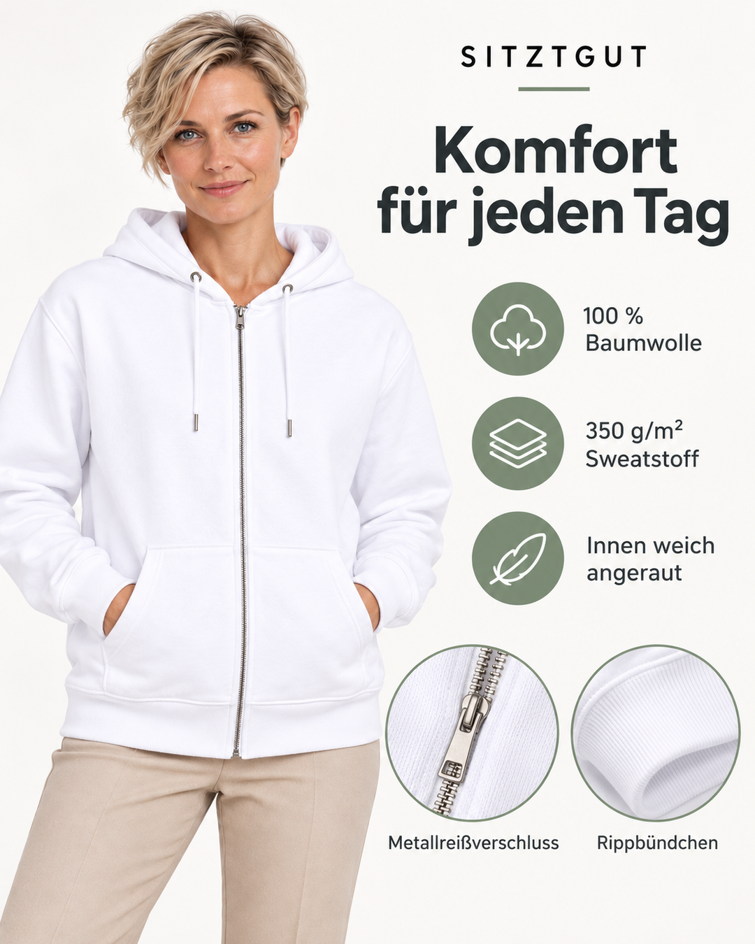Sitztgut Damen-Sweatjacke aus Baumwolle mit Kapuze – Weiß – Material und Produktvorteile mit weiblichem Model