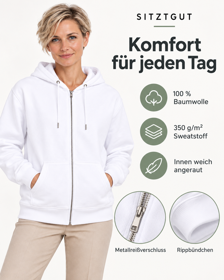 Sitztgut Damen-Sweatjacke aus Baumwolle mit Kapuze – Weiß – Material und Produktvorteile mit weiblichem Model