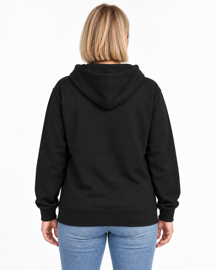 Sitztgut Damen-Sweatjacke aus Baumwolle mit Kapuze – Schwarz – Rückenansicht mit weiblichem Model