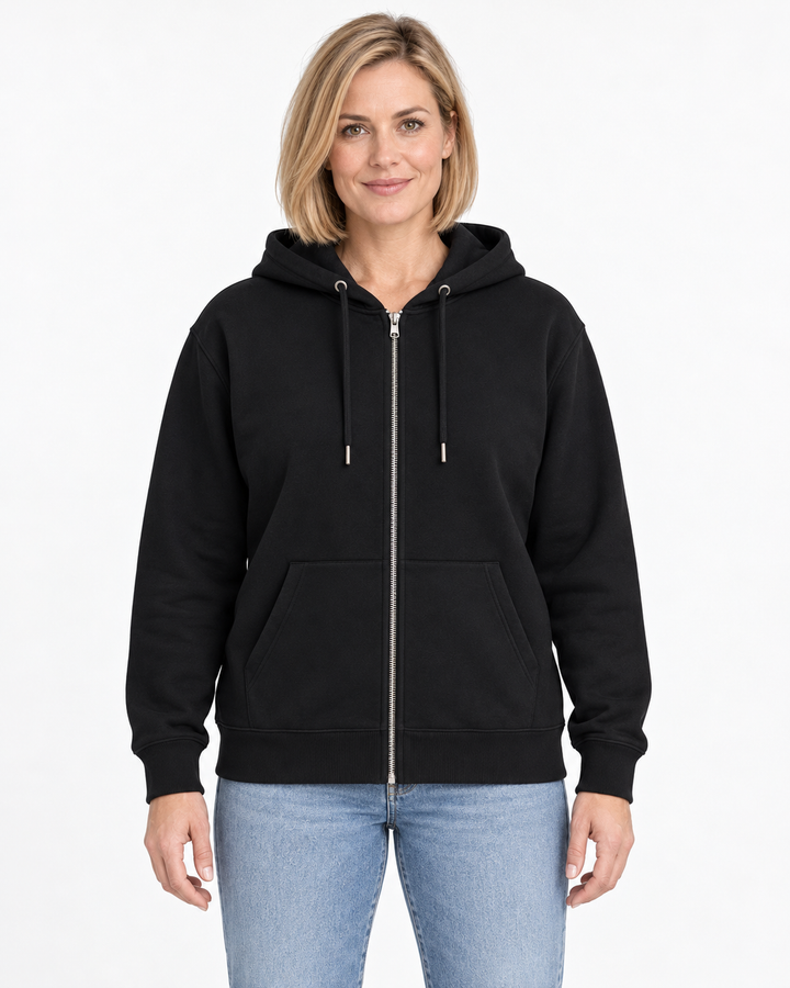 Sitztgut Damen-Sweatjacke aus Baumwolle mit Kapuze – Schwarz – Vorderansicht mit weiblichem Model
