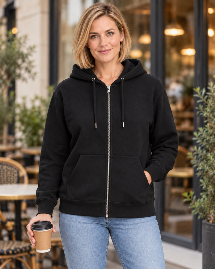 Sitztgut Damen-Sweatjacke aus Baumwolle mit Kapuze – Schwarz – Lifestyle 1 mit weiblichem Model