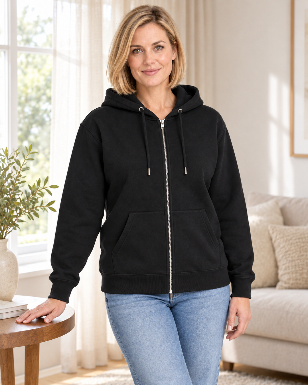Sitztgut Damen-Sweatjacke aus Baumwolle mit Kapuze – Schwarz – Lifestyle 2 mit weiblichem Model