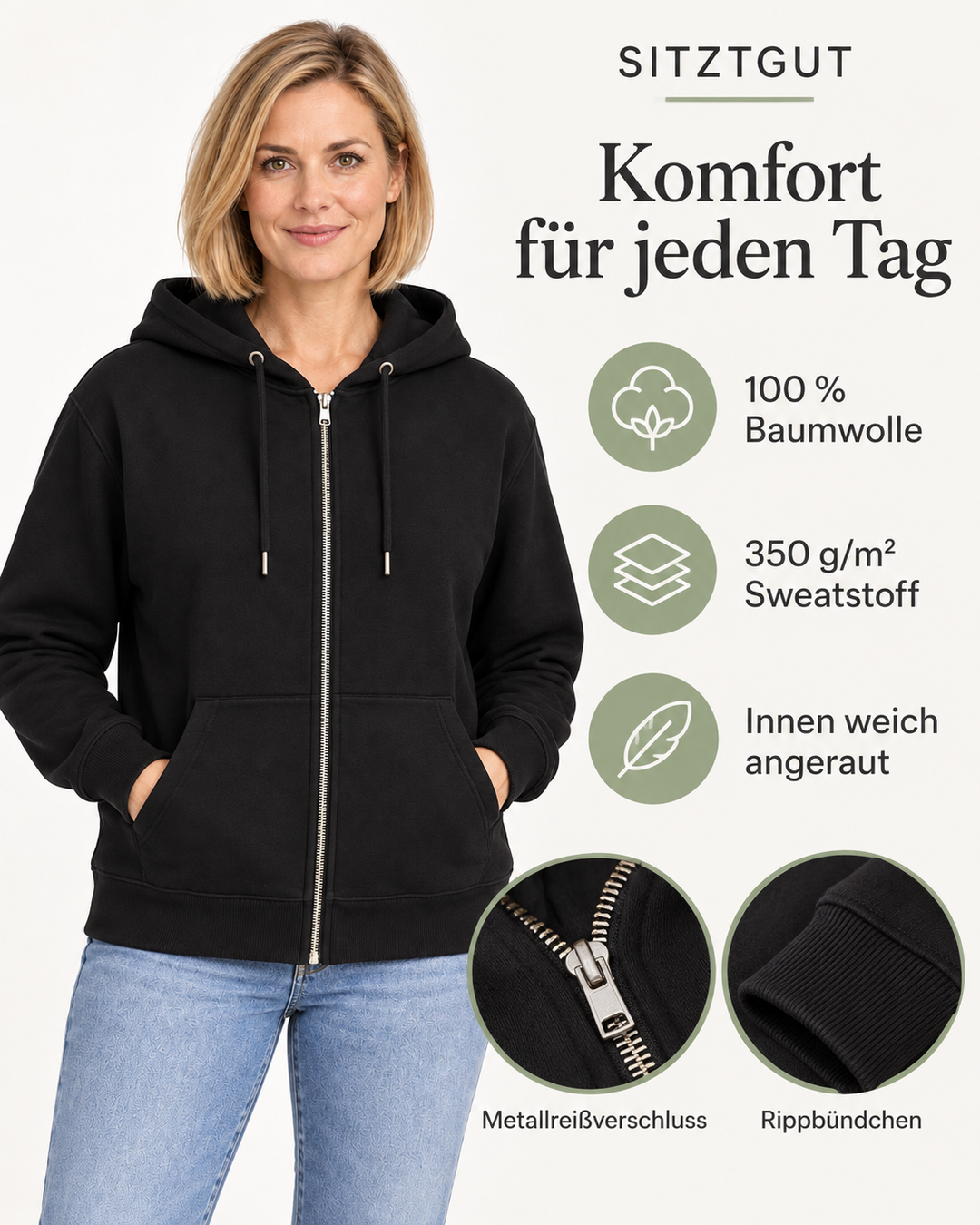 Sitztgut Damen-Sweatjacke aus Baumwolle mit Kapuze – Schwarz – Material und Produktvorteile mit weiblichem Model