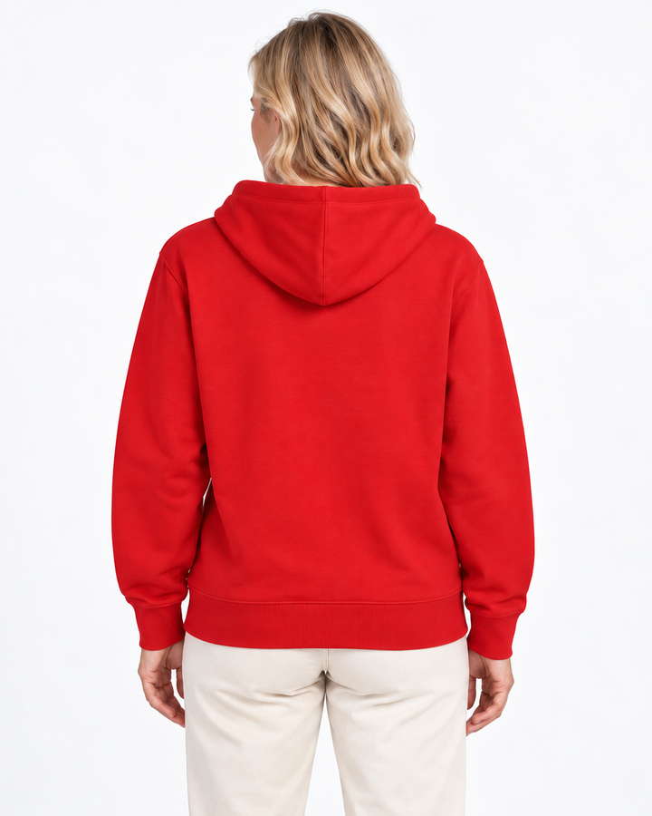 Sitztgut Damen-Sweatjacke aus Baumwolle mit Kapuze – Red – Rückenansicht mit weiblichem Model