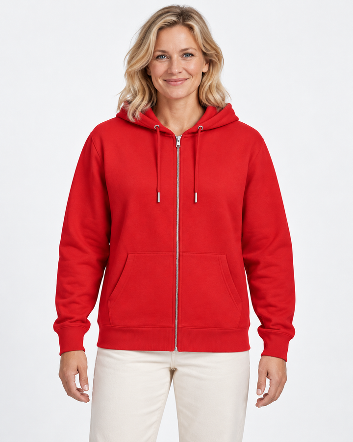 Sitztgut Damen-Sweatjacke aus Baumwolle mit Kapuze – Red – Vorderansicht mit weiblichem Model