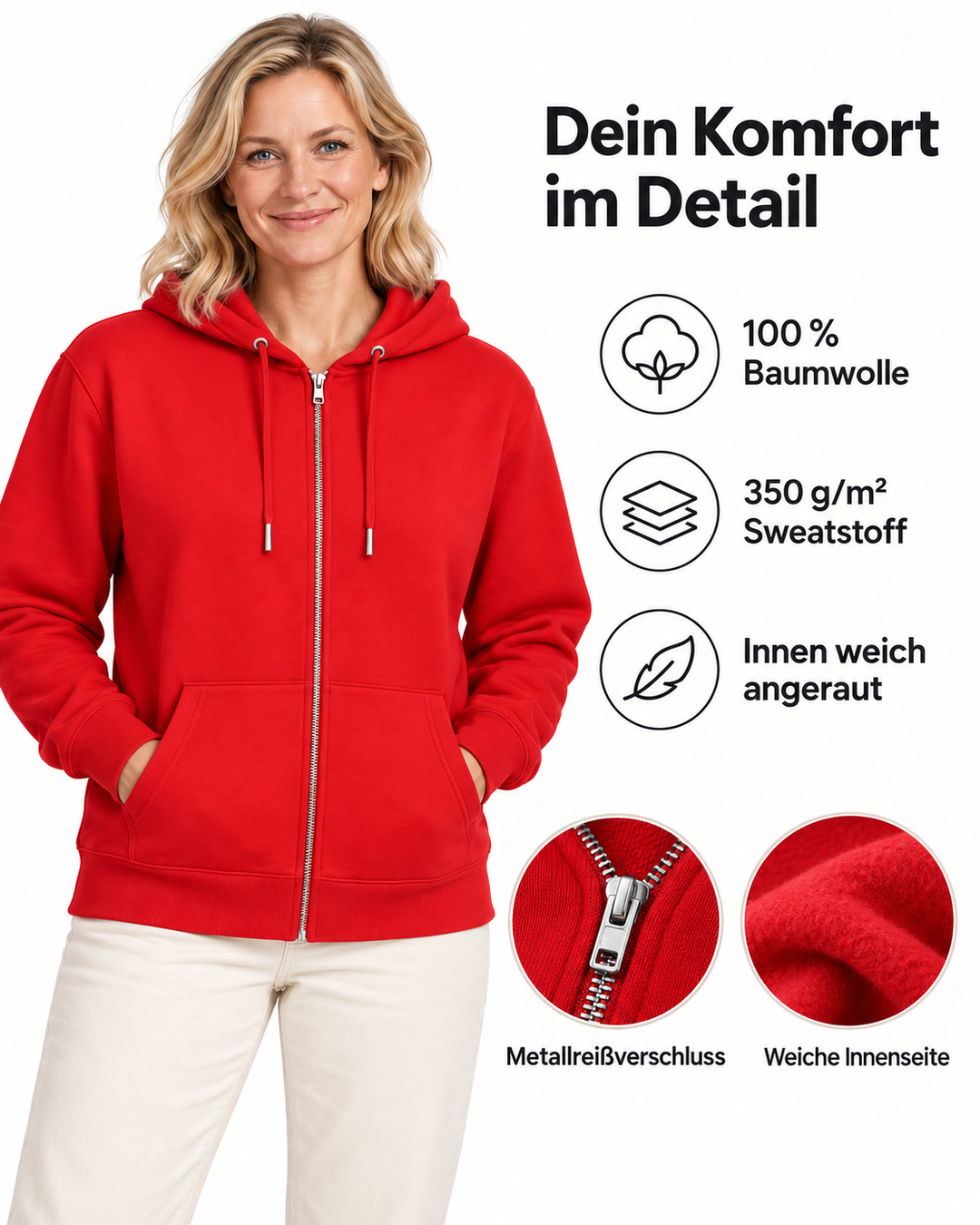 Sitztgut Damen-Sweatjacke aus Baumwolle mit Kapuze – Red – Material und Produktvorteile mit weiblichem Model