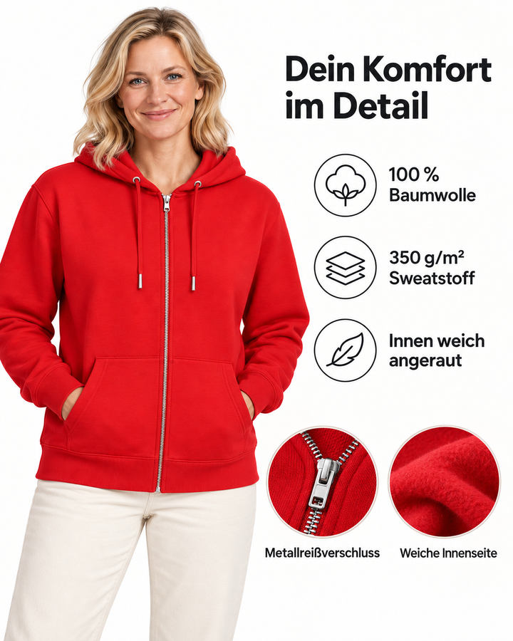 Sitztgut Damen-Sweatjacke aus Baumwolle mit Kapuze – Red – Material und Produktvorteile mit weiblichem Model