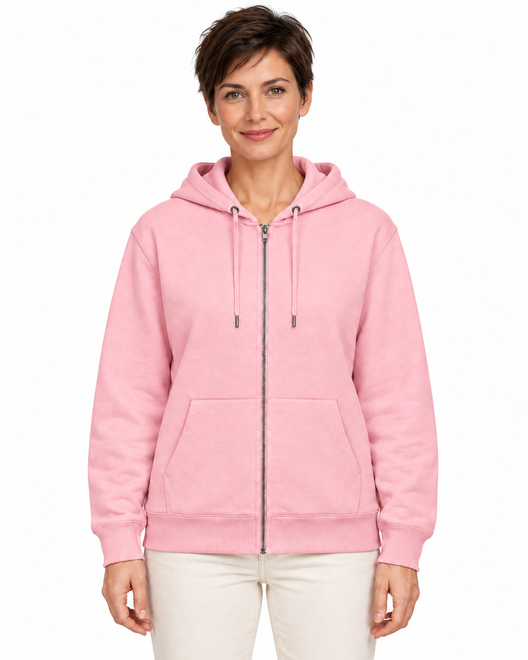 Sitztgut Damen-Sweatjacke aus Baumwolle mit Kapuze – Pink – Vorderansicht mit weiblichem Model