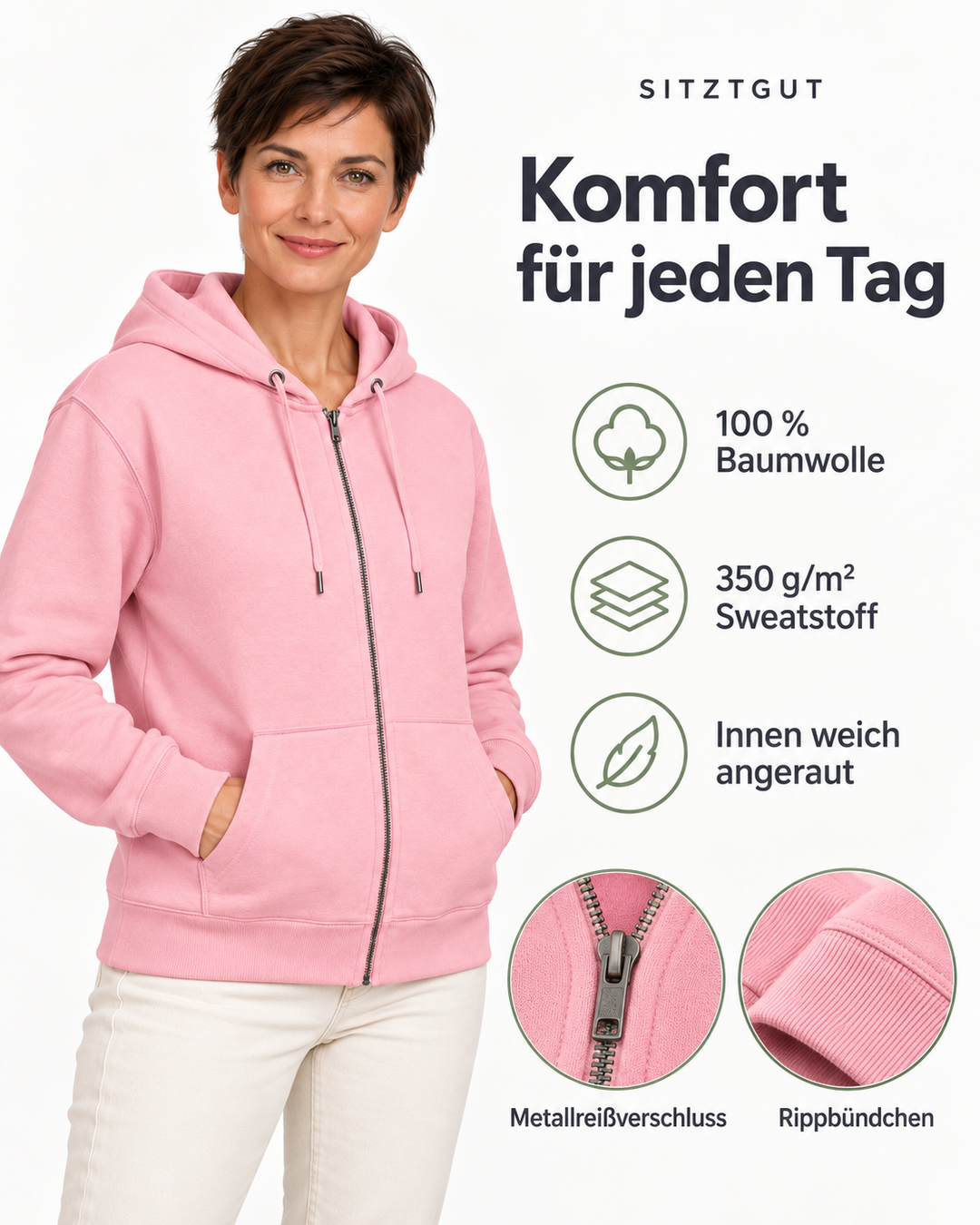 Sitztgut Damen-Sweatjacke aus Baumwolle mit Kapuze – Pink – Material und Produktvorteile mit weiblichem Model