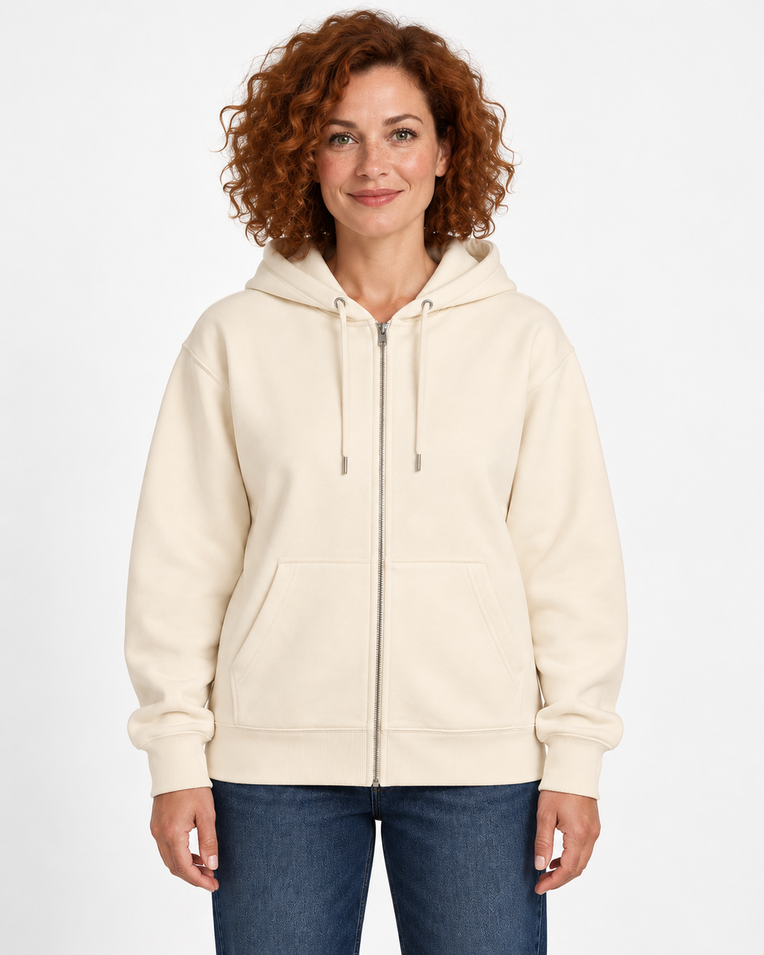 Sitztgut Damen-Sweatjacke aus Baumwolle mit Kapuze – Natur – Vorderansicht mit weiblichem Model
