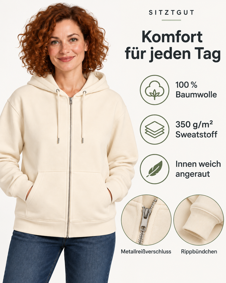 Sitztgut Damen-Sweatjacke aus Baumwolle mit Kapuze – Natur – Material und Produktvorteile mit weiblichem Model