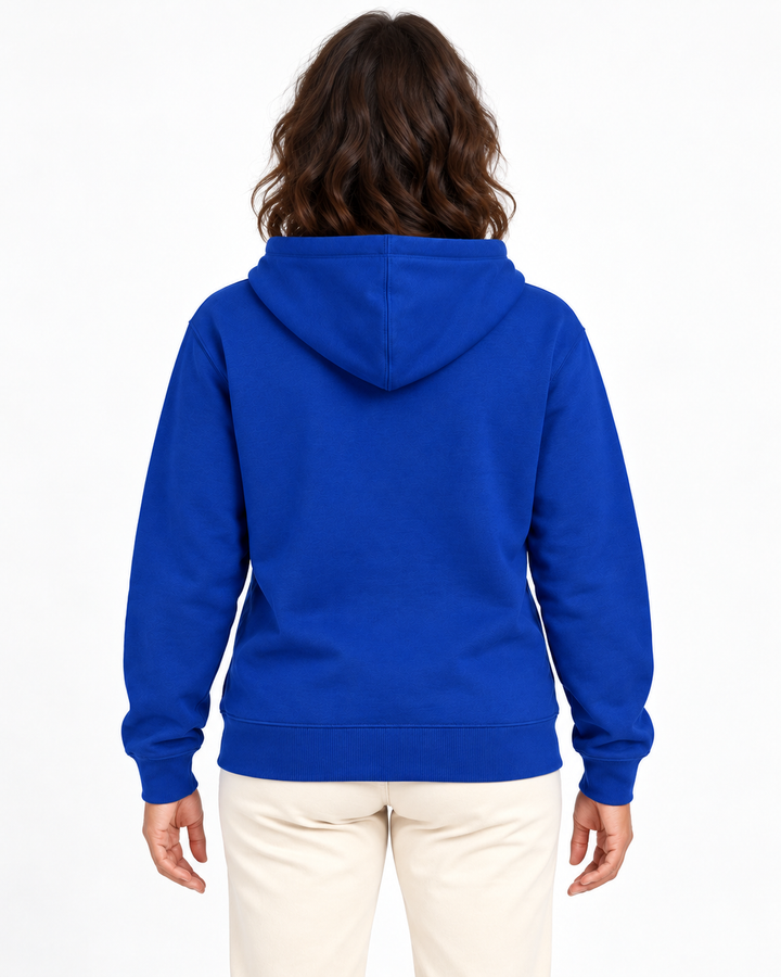 Sitztgut Damen-Sweatjacke aus Baumwolle mit Kapuze – Königsblau – Rückenansicht mit weiblichem Model