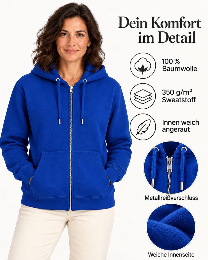Sitztgut Damen-Sweatjacke aus Baumwolle mit Kapuze – Königsblau – Material und Produktvorteile mit weiblichem Model