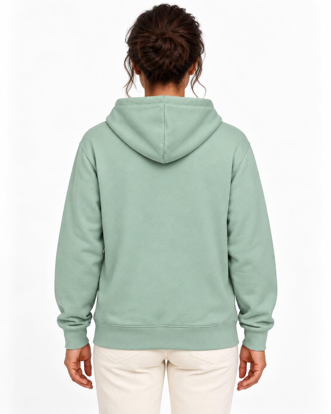 Sitztgut Damen-Sweatjacke aus Baumwolle mit Kapuze – Türkis – Rückenansicht mit weiblichem Model