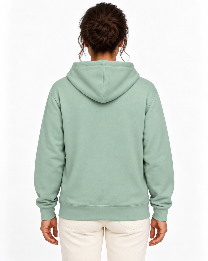 Sitztgut Damen-Sweatjacke aus Baumwolle mit Kapuze – Türkis – Rückenansicht mit weiblichem Model