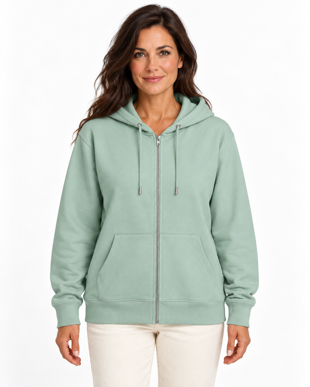 Sitztgut Damen-Sweatjacke aus Baumwolle mit Kapuze – Türkis – Vorderansicht mit weiblichem Model