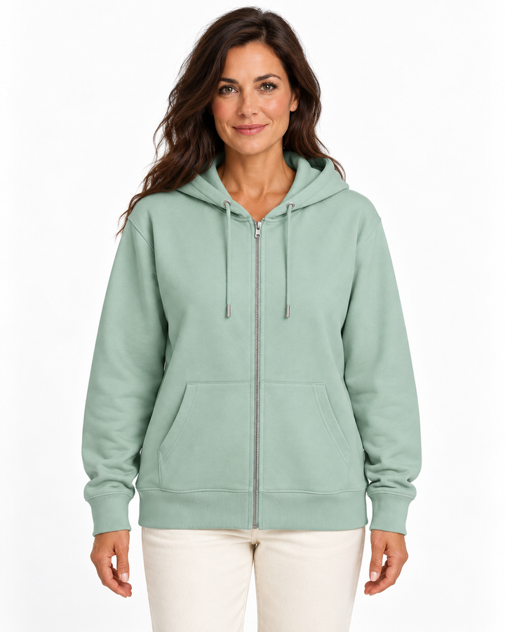 Sitztgut Damen-Sweatjacke aus Baumwolle mit Kapuze – Türkis – Vorderansicht mit weiblichem Model