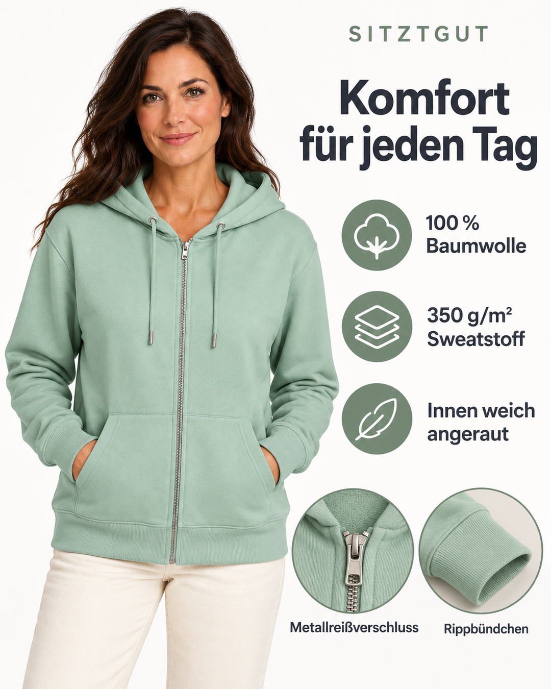 Sitztgut Damen-Sweatjacke aus Baumwolle mit Kapuze – Türkis – Material und Produktvorteile mit weiblichem Model