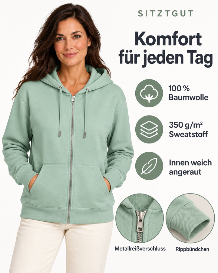 Sitztgut Damen-Sweatjacke aus Baumwolle mit Kapuze – Türkis – Material und Produktvorteile mit weiblichem Model