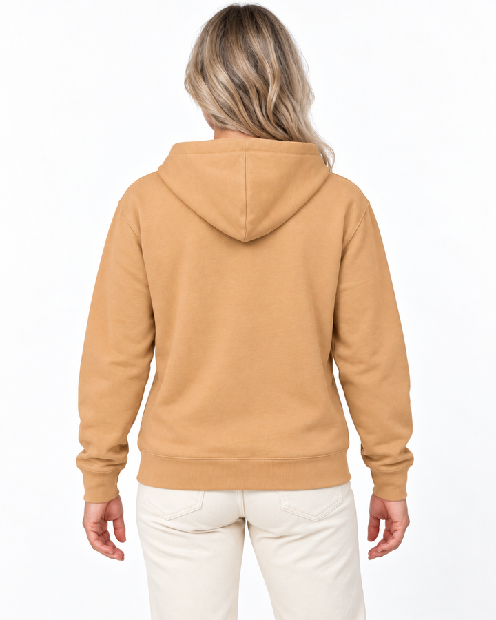 Sitztgut Damen-Sweatjacke aus Baumwolle mit Kapuze – Latte – Rückenansicht mit weiblichem Model