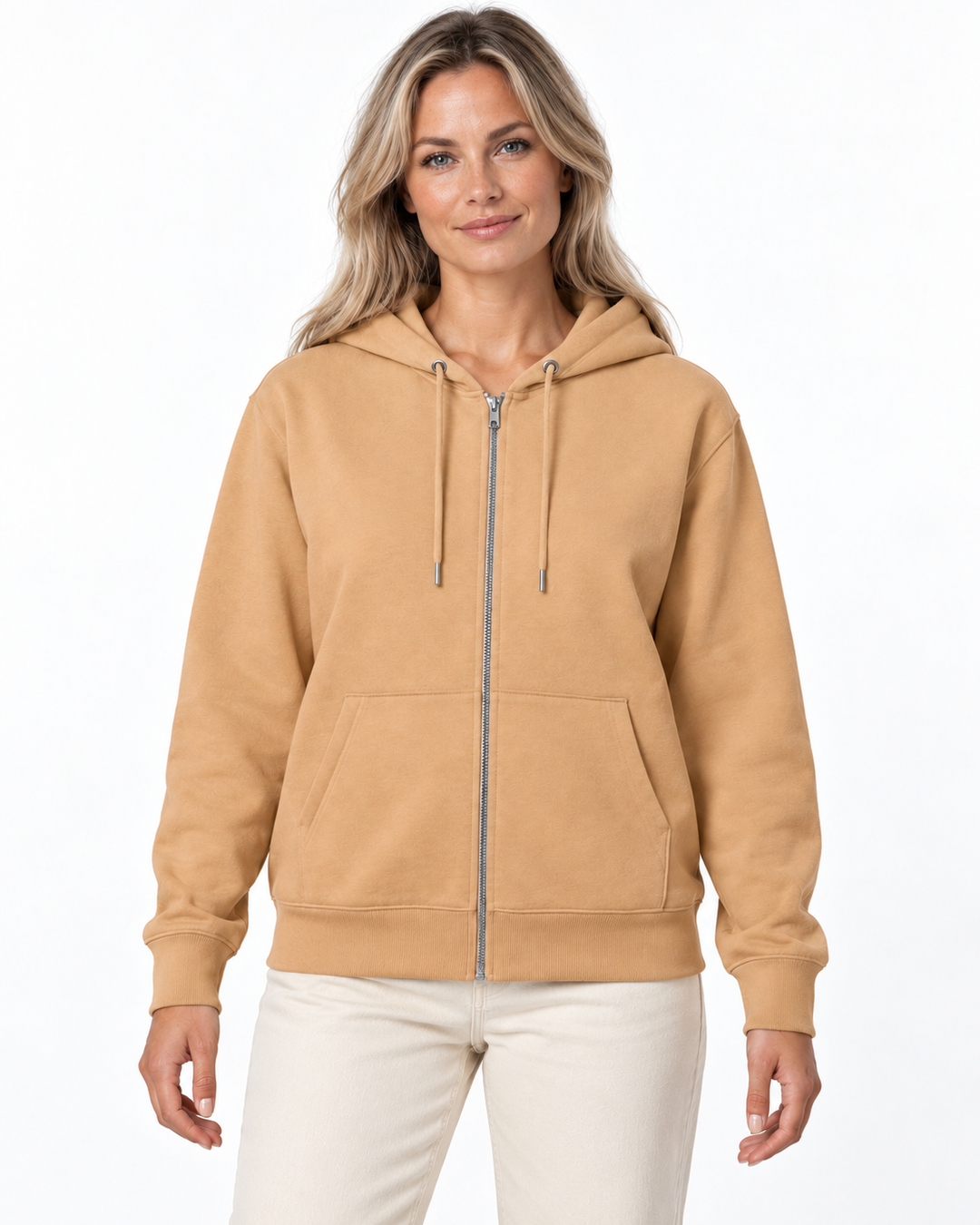 Sitztgut Damen-Sweatjacke aus Baumwolle mit Kapuze – Latte – Vorderansicht mit weiblichem Model