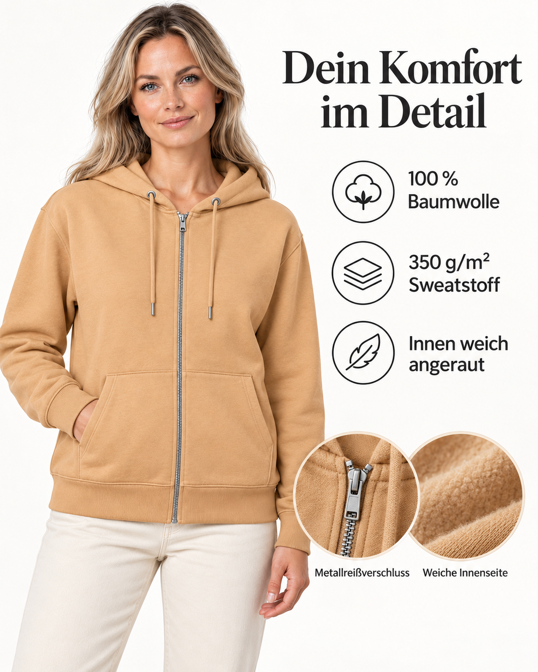 Sitztgut Damen-Sweatjacke aus Baumwolle mit Kapuze – Latte – Material und Produktvorteile mit weiblichem Model