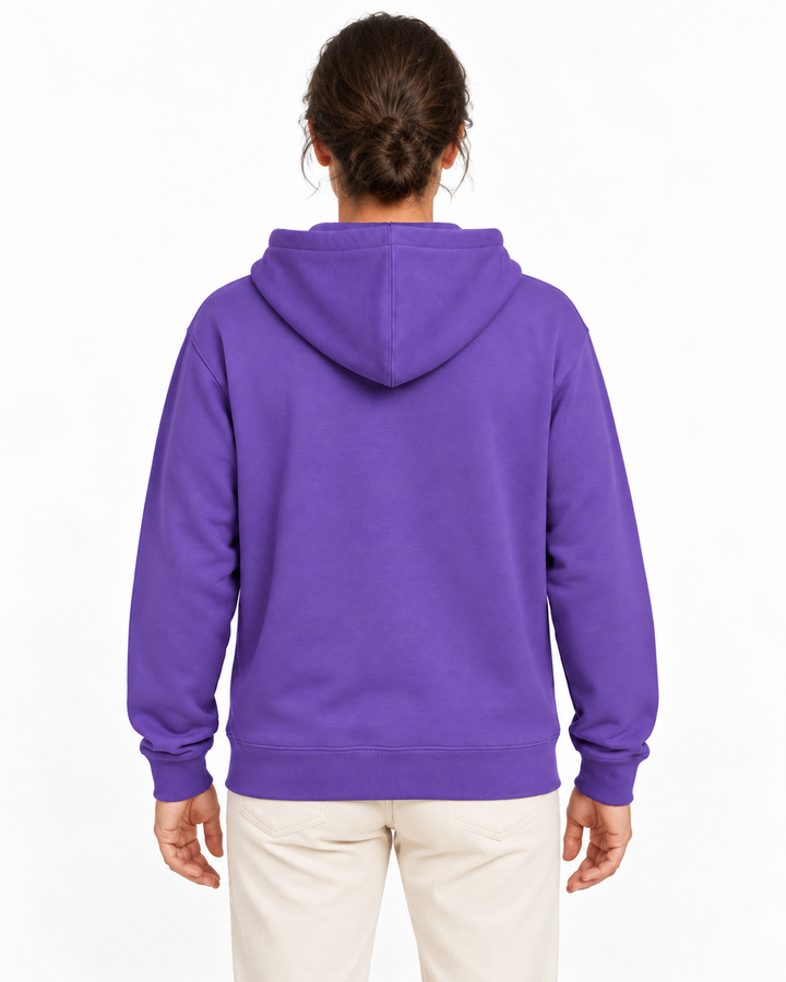 Sitztgut Damen-Sweatjacke aus Baumwolle mit Kapuze – Lila – Rückenansicht mit weiblichem Model