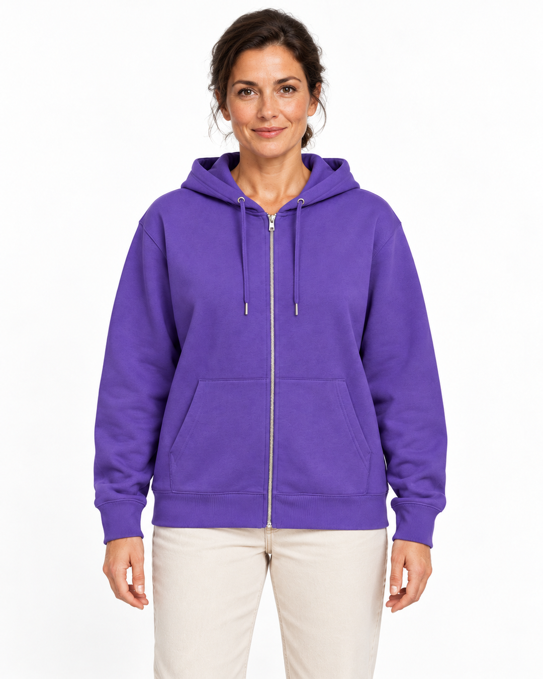 Sitztgut Damen-Sweatjacke aus Baumwolle mit Kapuze – Lila – Vorderansicht mit weiblichem Model