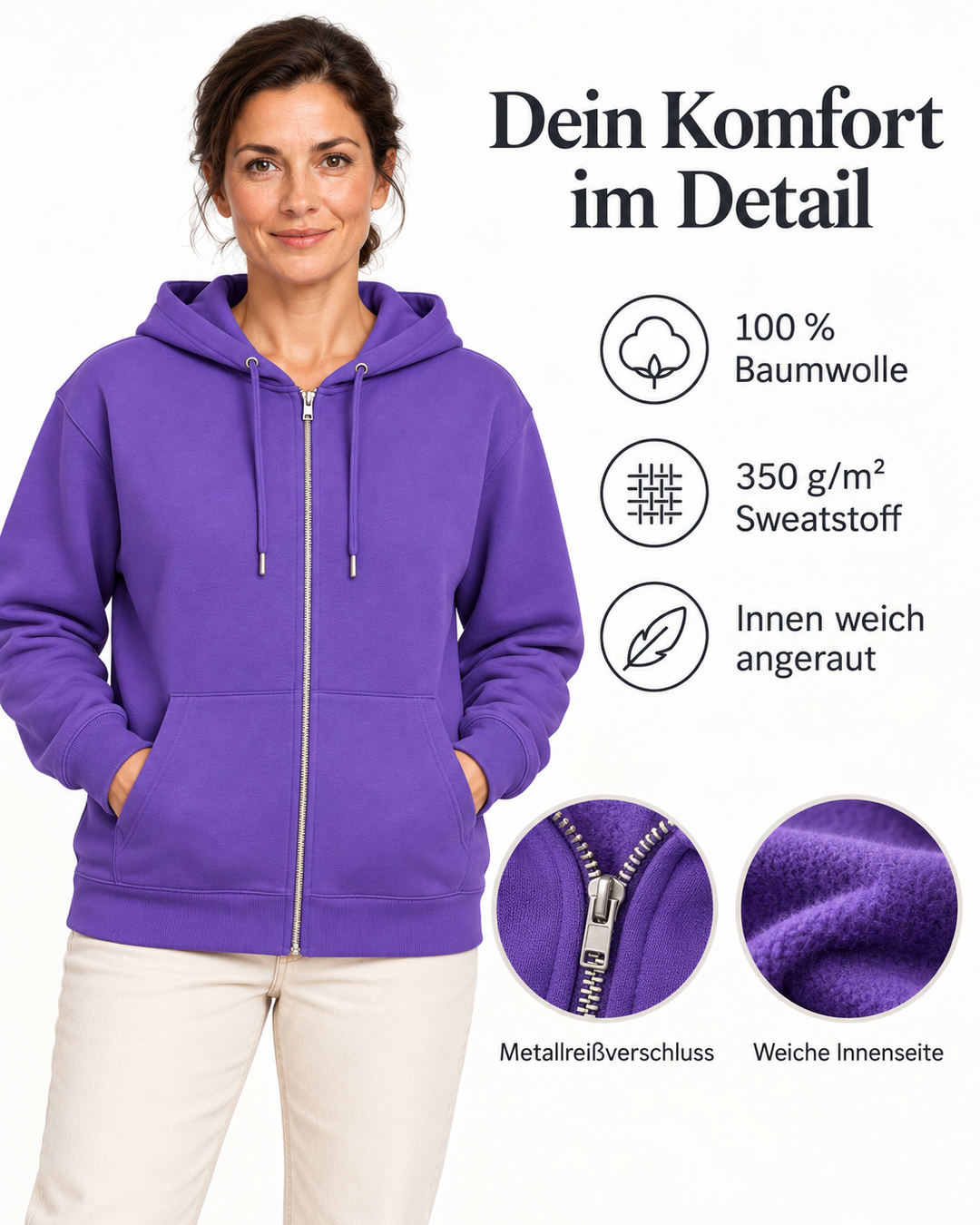 Sitztgut Damen-Sweatjacke aus Baumwolle mit Kapuze – Lila – Material und Produktvorteile mit weiblichem Model
