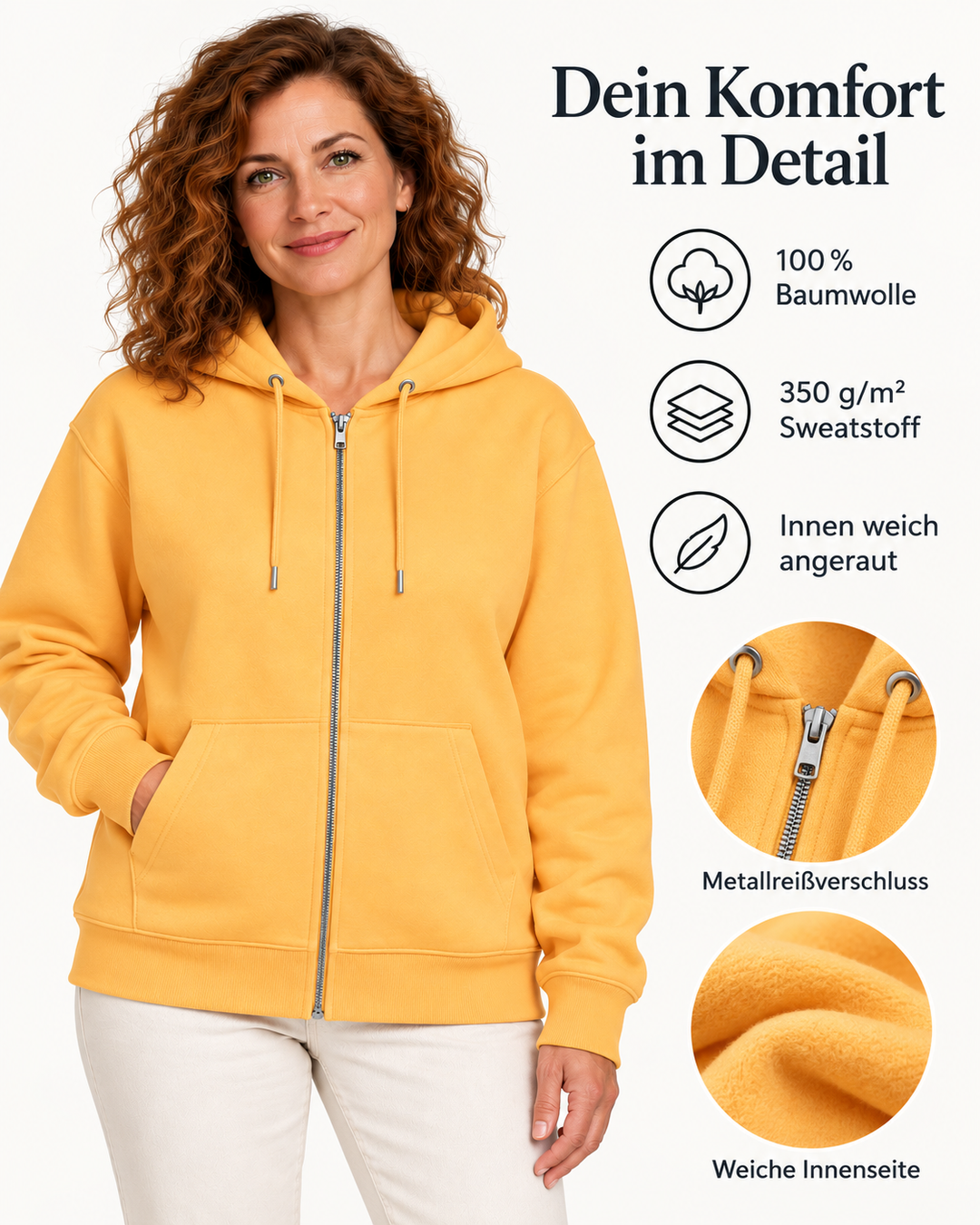 Sitztgut Damen-Sweatjacke aus Baumwolle mit Kapuze – Milder Pfirsich – Material und Produktvorteile mit weiblichem Model