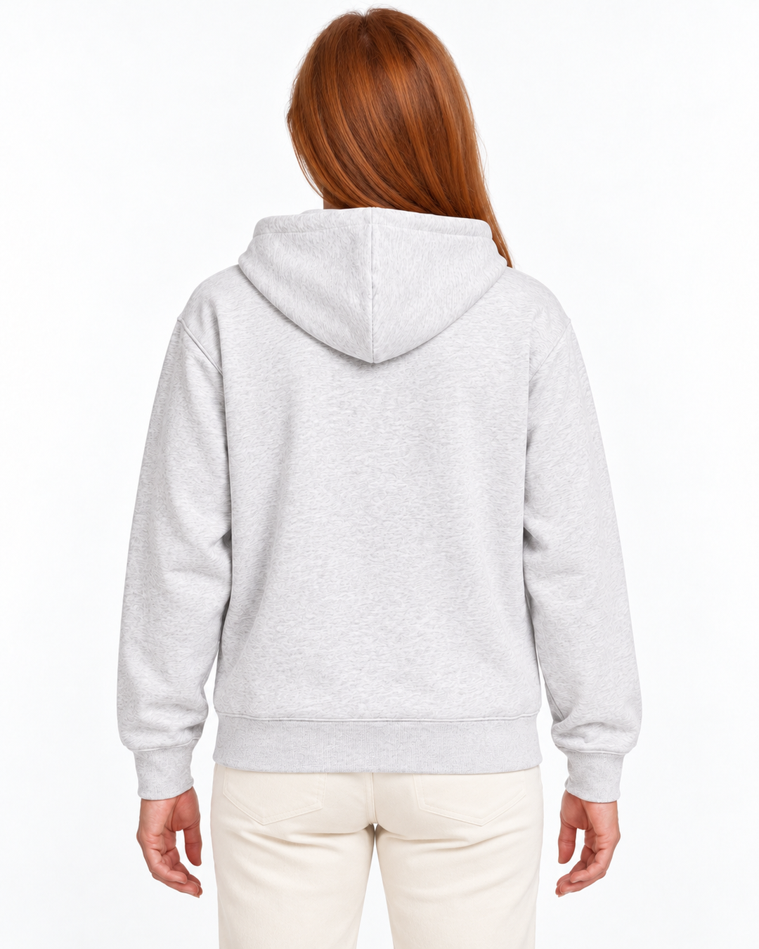Sitztgut Damen-Sweatjacke aus Baumwolle mit Kapuze – Vintage White – Rückenansicht mit weiblichem Model