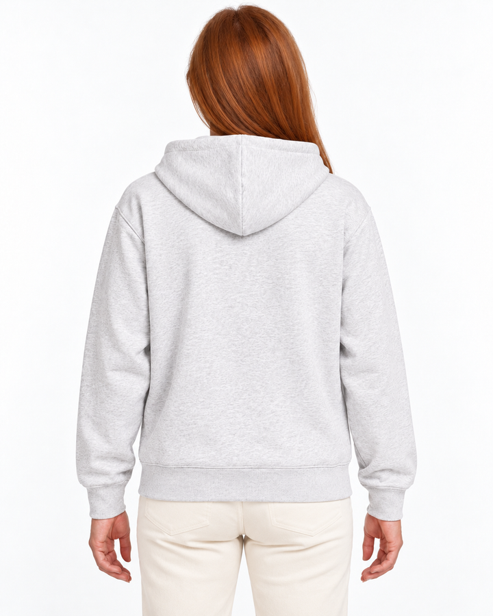 Sitztgut Damen-Sweatjacke aus Baumwolle mit Kapuze – Vintage White – Rückenansicht mit weiblichem Model