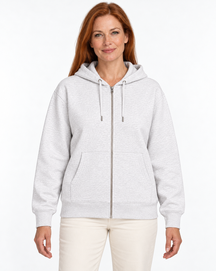 Sitztgut Damen-Sweatjacke aus Baumwolle mit Kapuze – Vintage White – Vorderansicht mit weiblichem Model