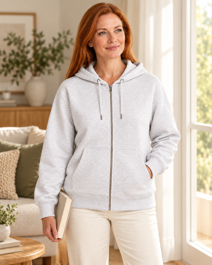 Sitztgut Damen-Sweatjacke aus Baumwolle mit Kapuze – Vintage White – Lifestyle 2 mit weiblichem Model
